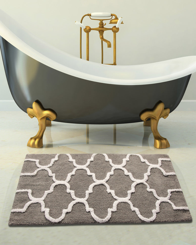 Cotton Dual Color Geometric Pattern Bath Rug, Gray, 50"x30"