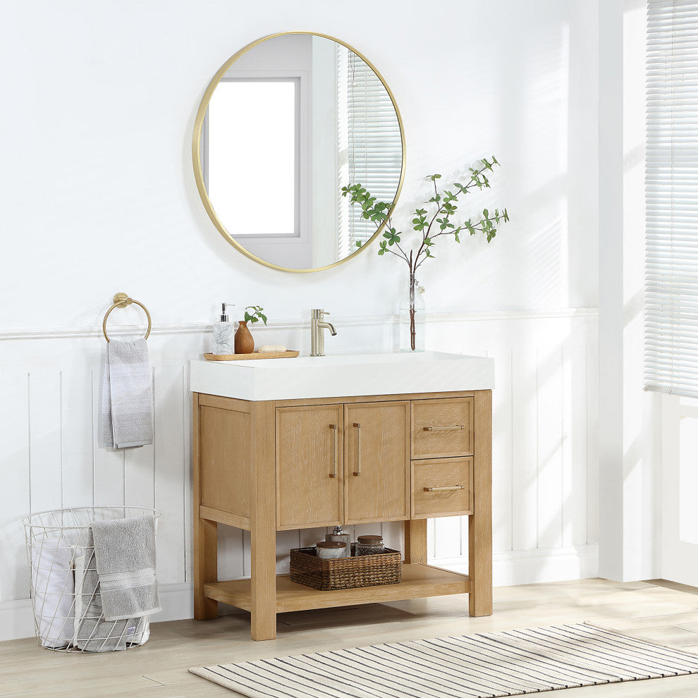 Vera Bath Vanity with Stone Top, Washed Ash Grey, 36", Single Vanity, With Mirror