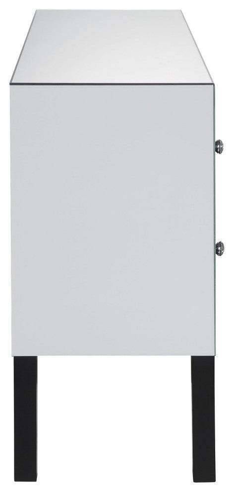 Wooden Framed Mirrored Vanity Desk with Four Drawers and Wavy Apron, Silver