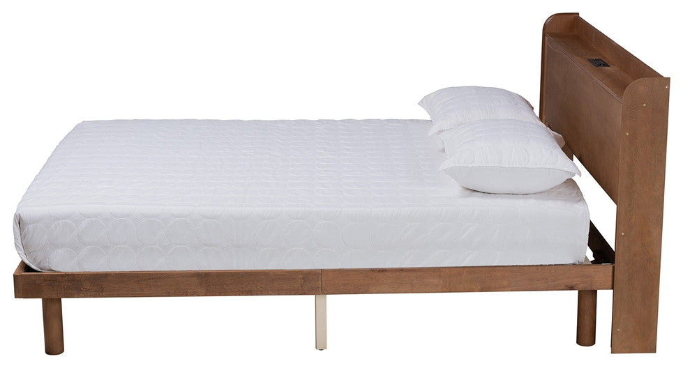 Midcentury Modern Transitional WalnutBrown Finished Wood Queen Size Platform Bed