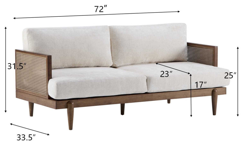 GDF Studio Doris 6' 3-Seater Sofa With Cane Rattan Arms, Walnut/Beige