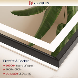 LED Vanity Mirror With Lights Metal Framed Front & Backlit, Dimmable, Black, 48x36