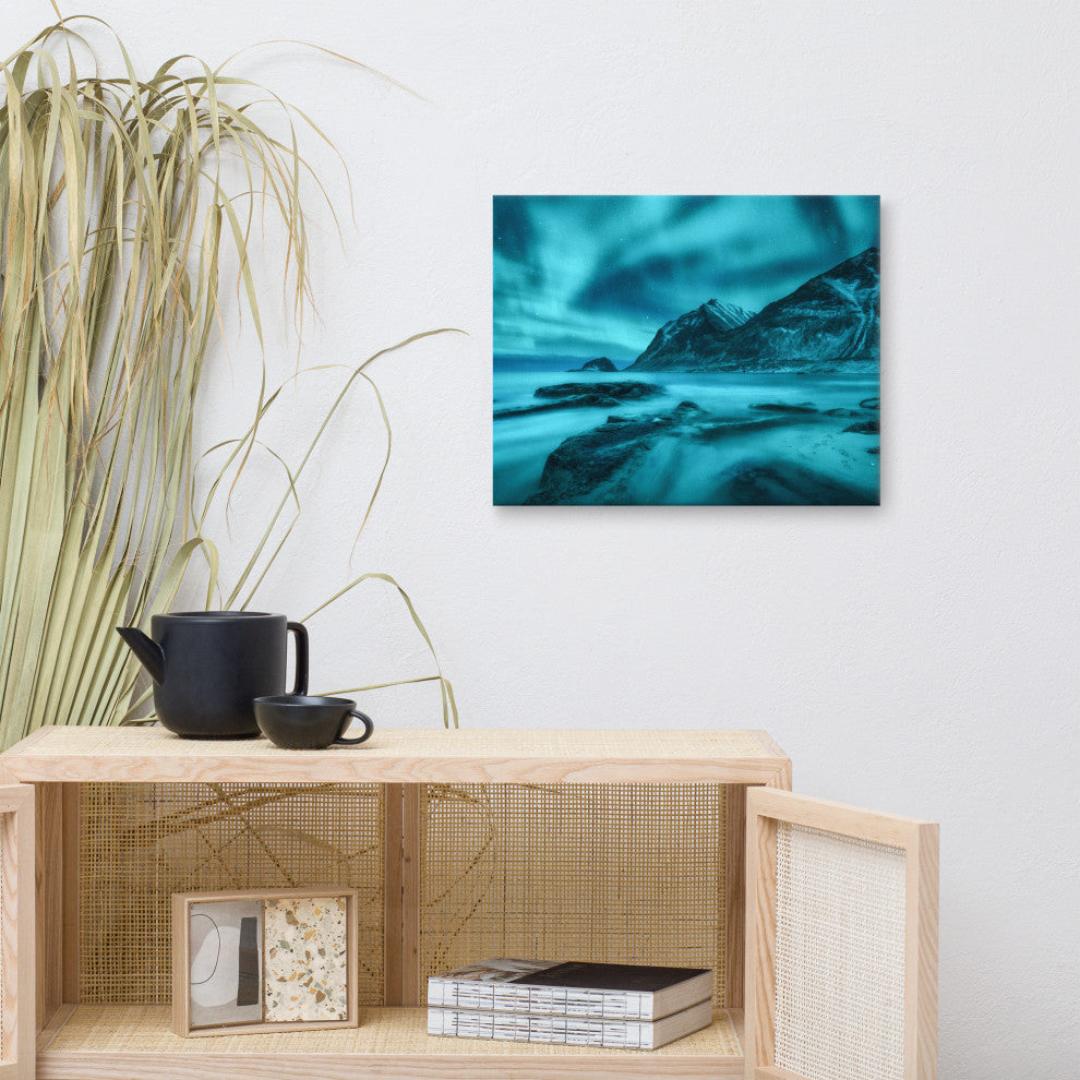 Blue Northern Lights and Mountain Coast Landscape Photo Canvas Wall Art Prints, 16" X 20"