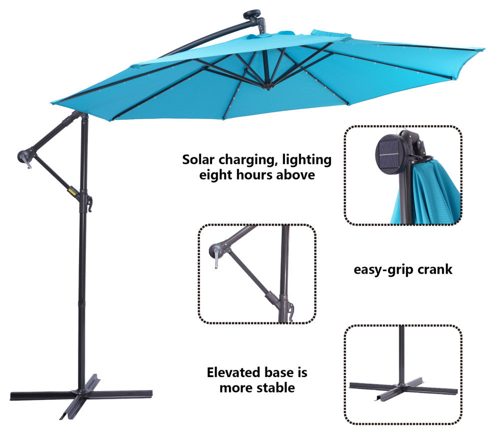 10' Steel Patio Hanging Cantilever Umbrella With 32 Solar LED Lights, Blue