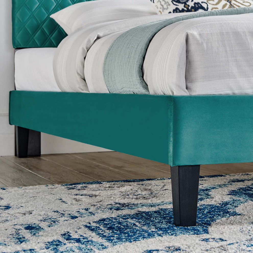 Platform Bed Frame, King Size, Teal Blue, Velvet, Modern, Bedroom Guest Suite