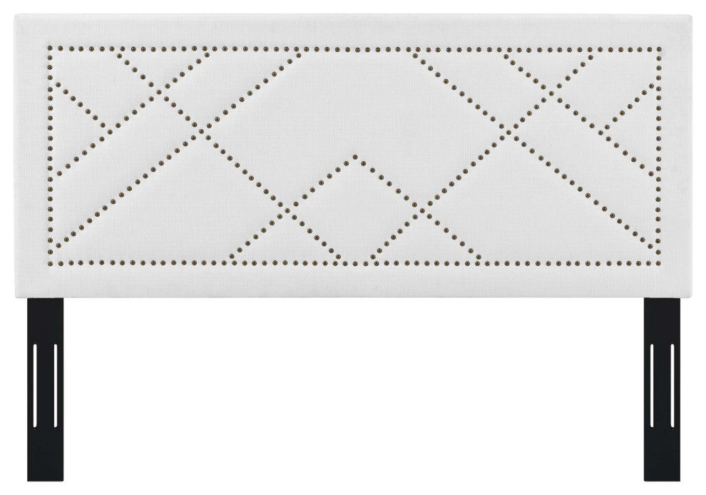 Contemporary Modern Bedroom King Size Headboard, Rivet Nail, Fabric, White