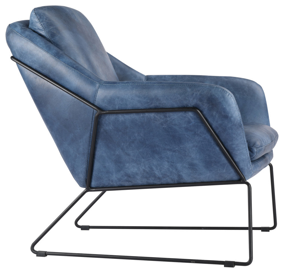 Modern Club Chair Blue Top Grain Leather Armchair for Living Room