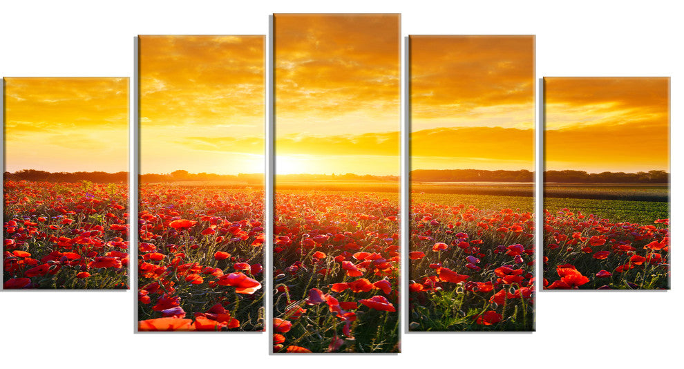 Poppy Field under Ablaze Sunset, Contemporary Wall Art Canvas, 60"x32", 5 Panels