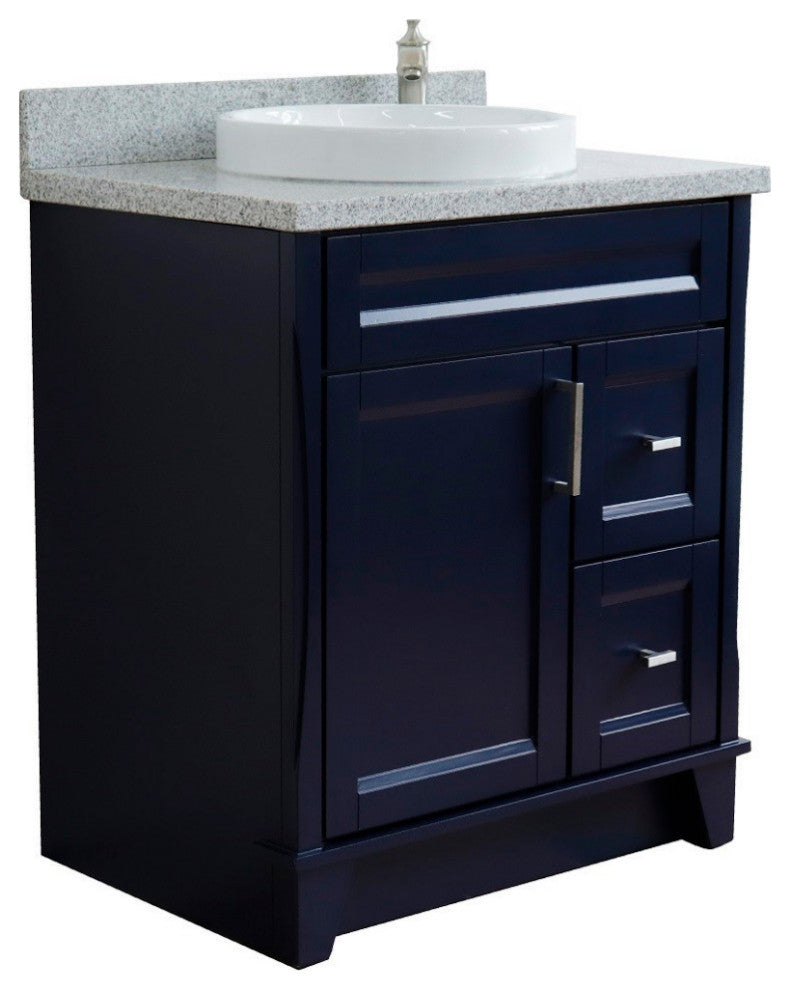 31" Single Sink Vanity, Blue Finish With Gray Granite With Round Sink