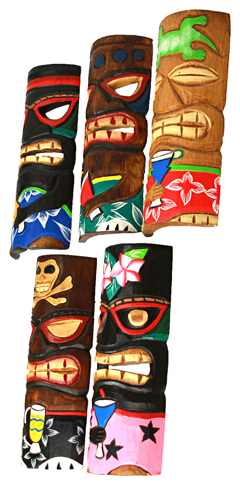 Set of 5 Polynesian Style Wooden Tiki Masks 10 in.