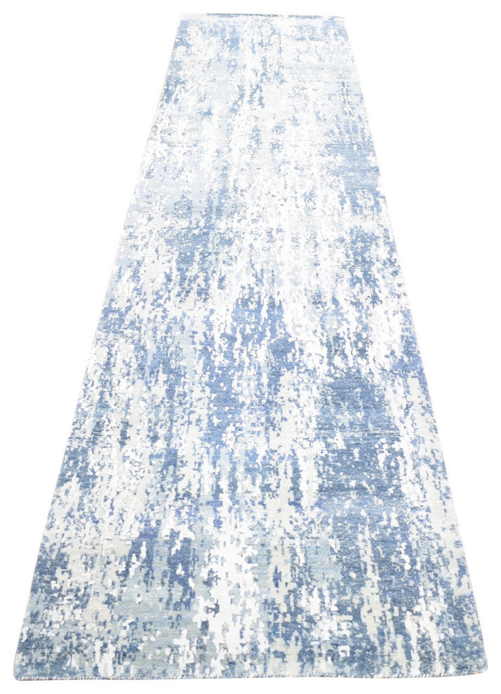 Hand Knotted Abstract Design Wool and Real Silk Denim Blue Runner Rug 2'7"x12'1"