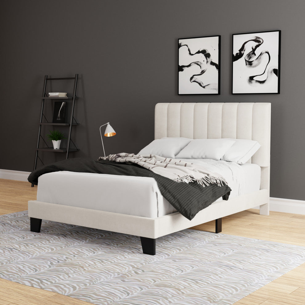 Hillsdale Crestone Adjustable Height Channel Upholstered Full Platform Bed, Cream, Full Bed