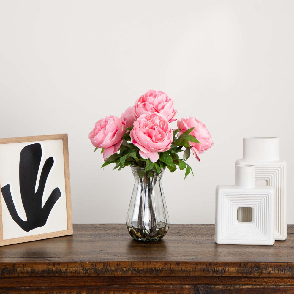16in. Artificial Peony Arrangement, Glass Vase
