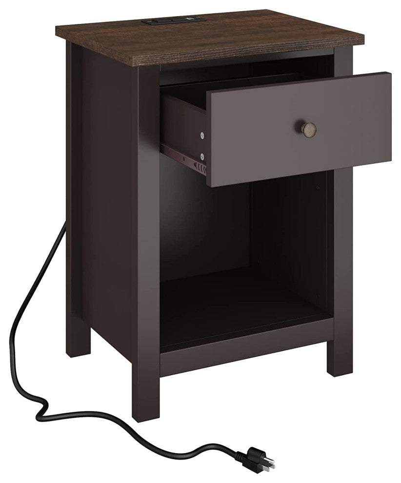 Nightstand with Charging Station, 1-Drawer and Storage Space, Espresso