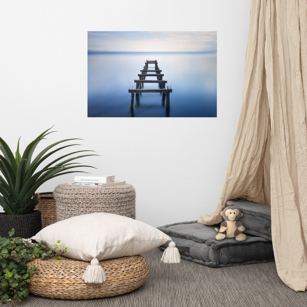 Soft Blue Lake and Abandoned Pier Landscape Photo Loose Wall Art Prints, 24" X 36"