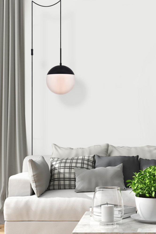 Elsa 1-Light Black Plug-In Pendant With Frosted White Glass