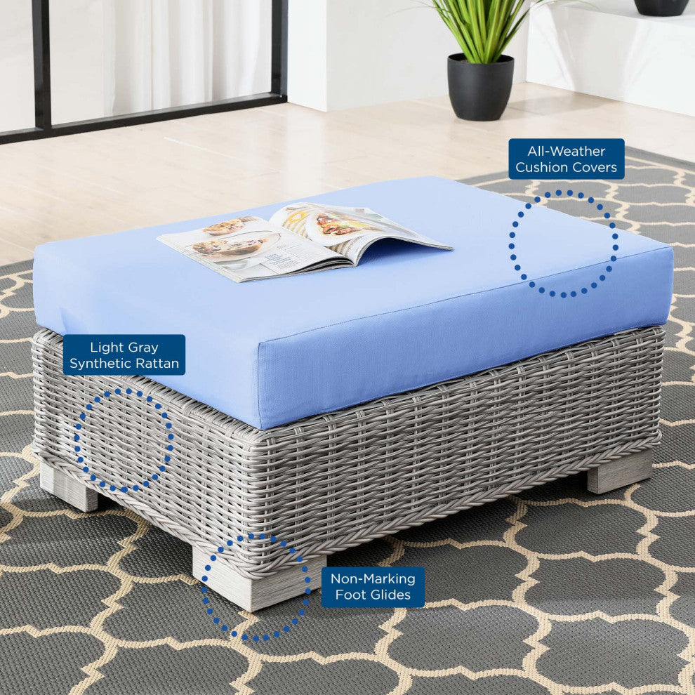 Side Chair Armchair and Ottoman, Rattan, Wicker, Gray Blue, Modern, Outdoor