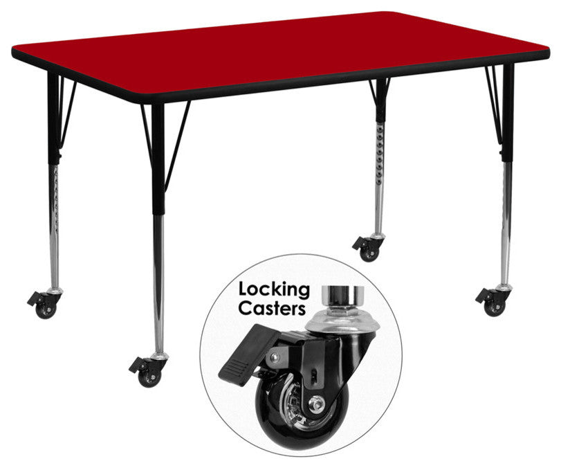 Mobile 30''W x 72''L Rectangular Red Thermal Laminate Table - Adjustable Legs