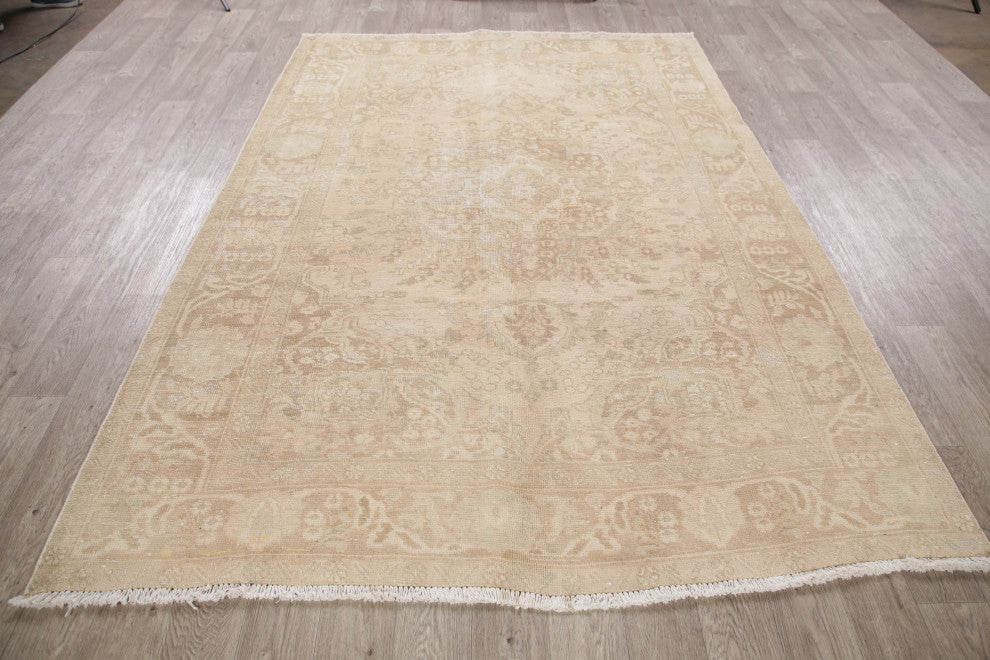 Consigned, Vintage Traditional Handmade Distressed Persian Area Rug, Beige, 6x9
