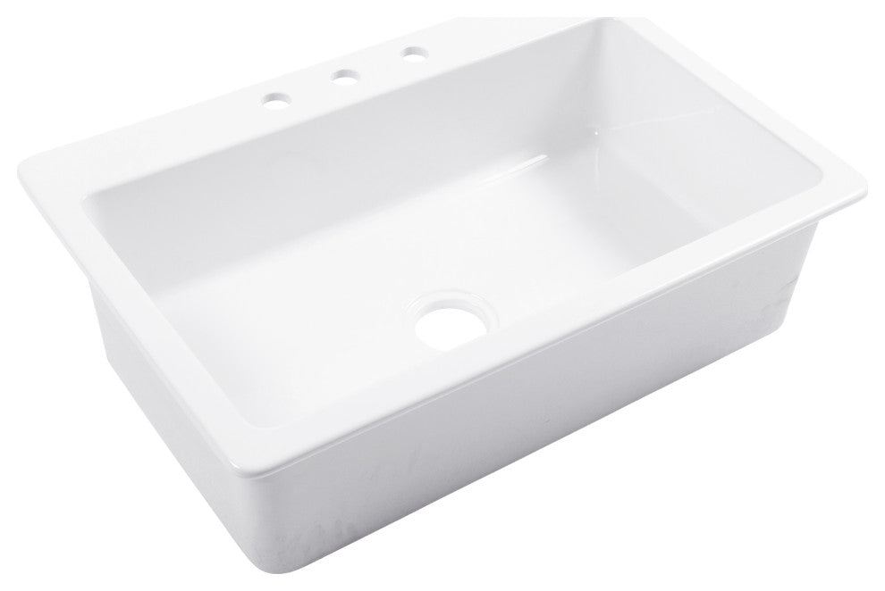 Jackson Crisp White Fireclay 33" Single Bowl Drop-In Kitchen Sink with 3 Holes