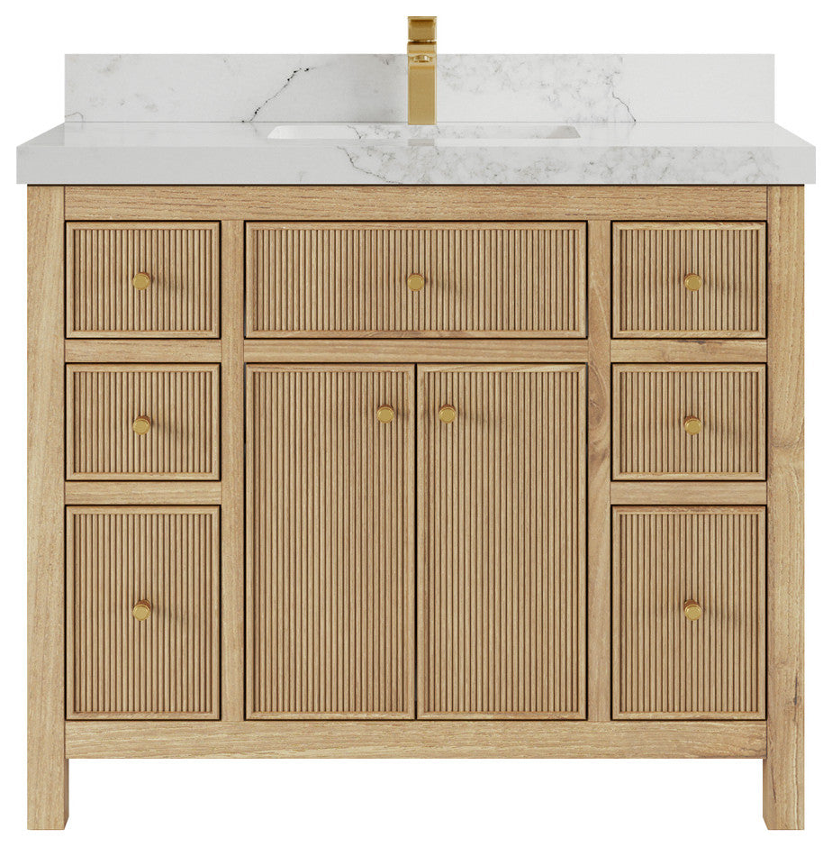 Sonoma 42 Single Sink Bath Vanity in Light Natural Teak with 2" Calacatta Nuvo