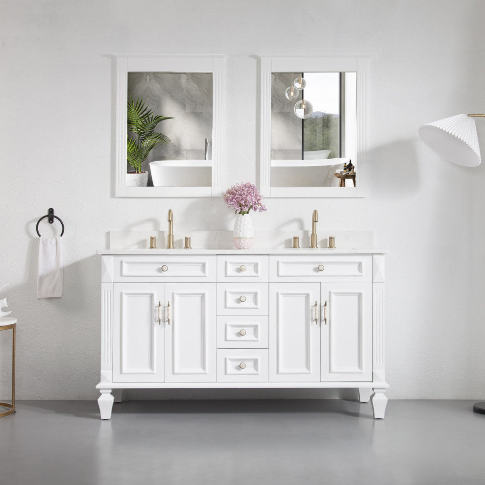 60 In Bathroom Vanity Set with 2Pcs 26 Inch Mirrors, Quartz Top, cUPC Certified, White