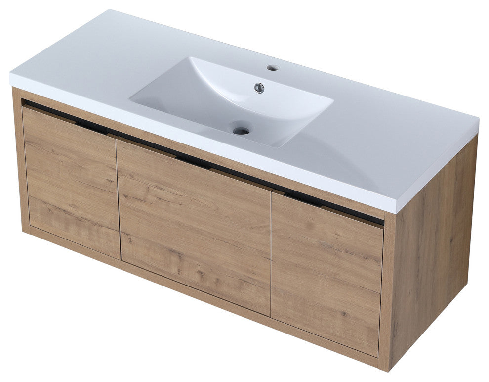 Bathroom Vanity With White Resin Top and Basin, Imitative Oak, 48x18