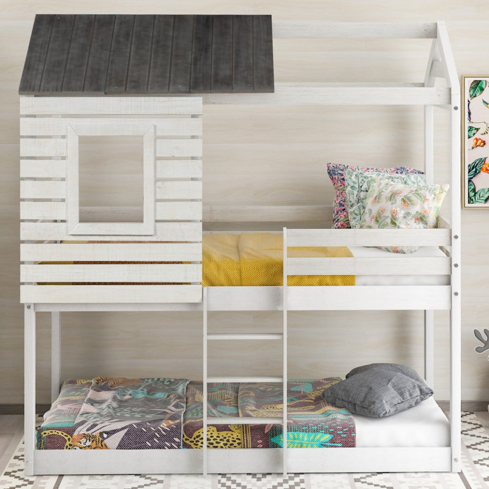 Antique White Twin Over Twin Bunk Bed With Roof