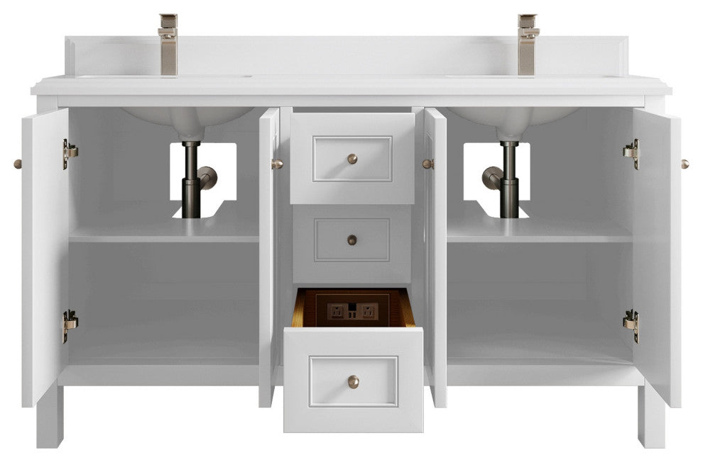 Nashville 60" Double Bathroom Vanity, White 1.5" White Quartz