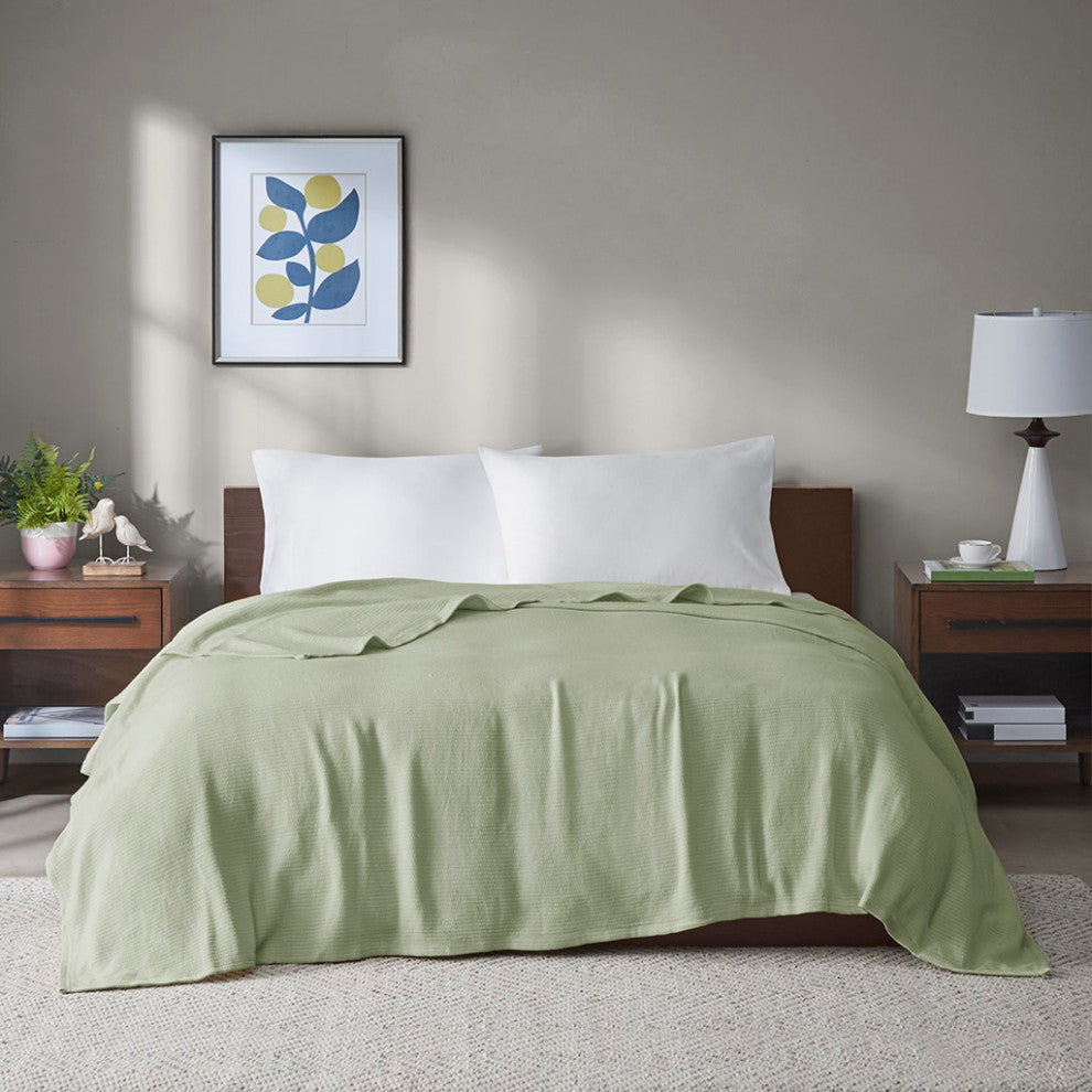 Madison Park Freshspun Basketweave Cotton Blanket, Green