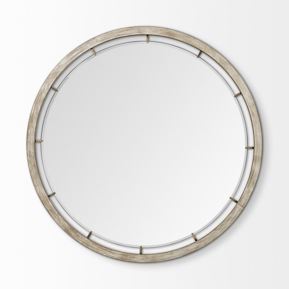 54" Brown Round Wood And Metal Framed Accent Mirror