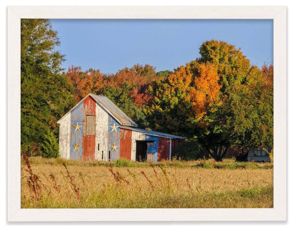 Patriotic Barn in Field Rural Landscape Framed Photo Paper Wall Art Prints, White, 18" X 24"