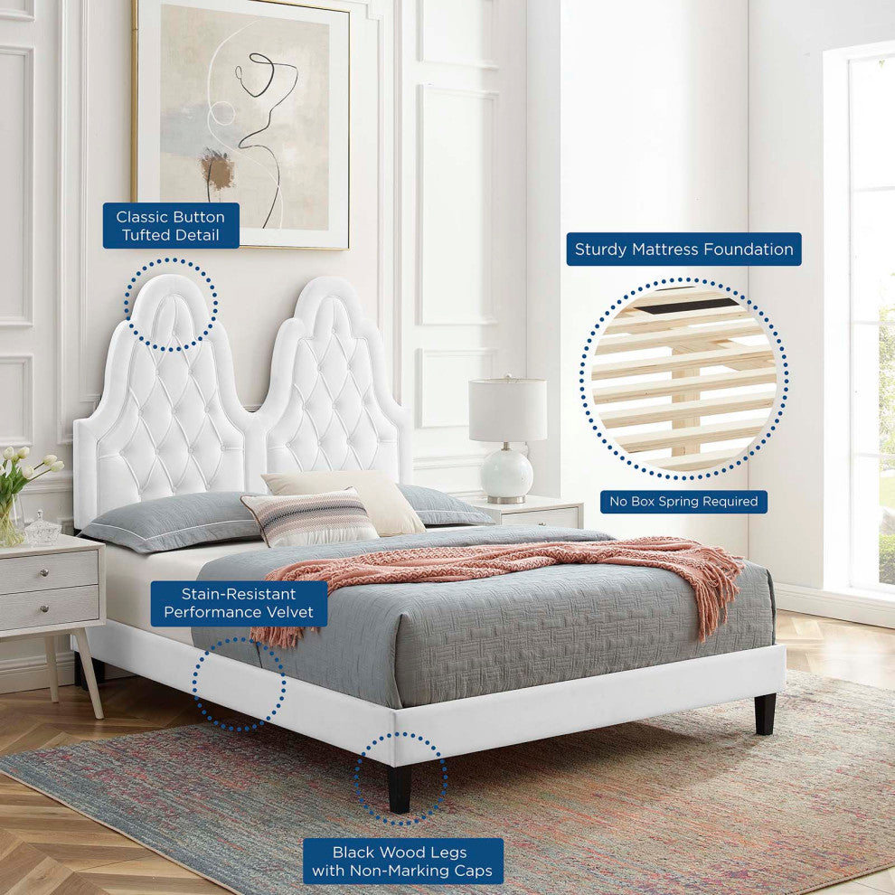 Tufted Platform Bed Frame, Full Size, Velvet, White, Modern Contemporary