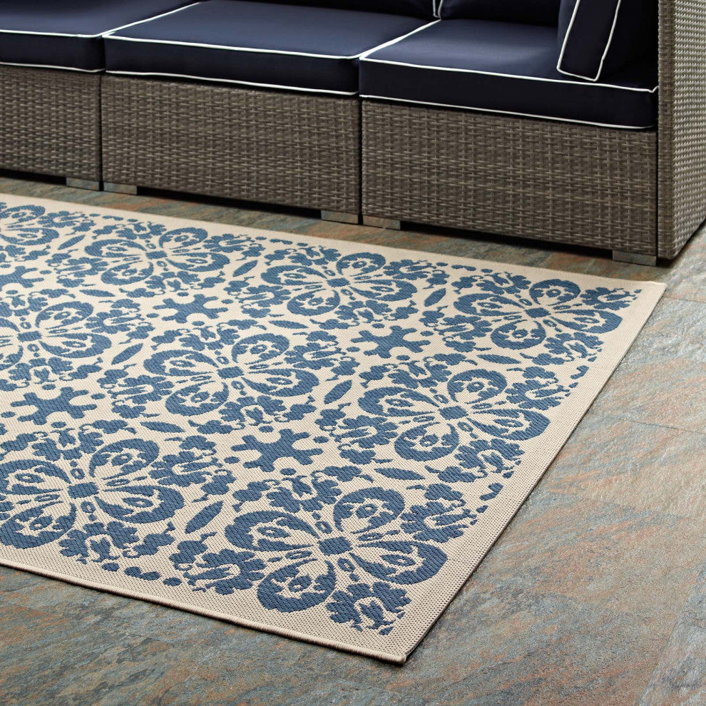 Ariana Vintage Floral Trellis 9x12 Indoor and Outdoor Area Rug, Blue and Beige