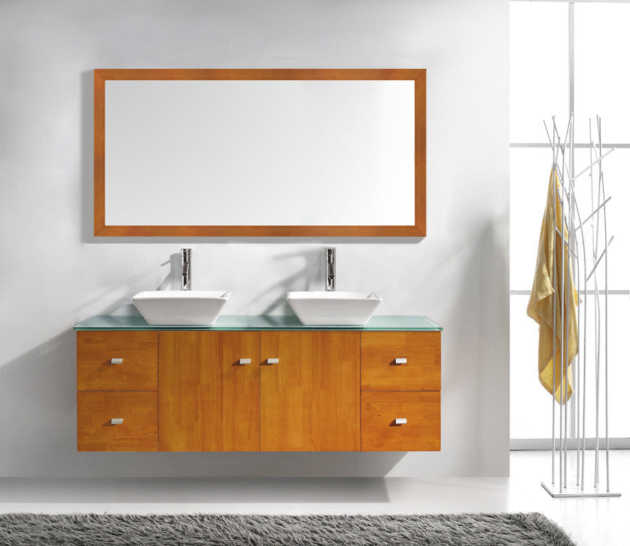 Clarissa 61" Double Bathroom Vanity Set, Honey Oak, Aqua Tempered Glass Countert