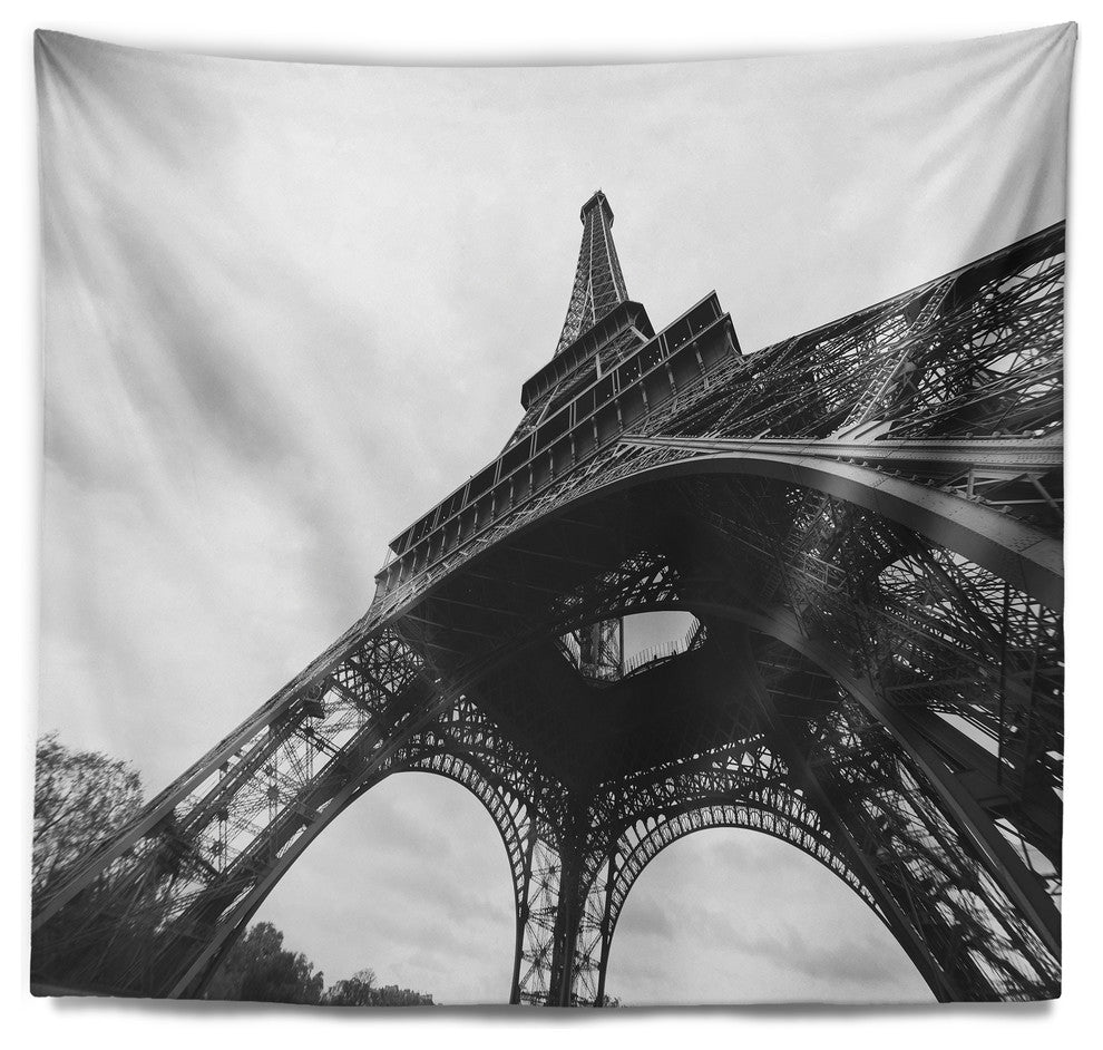 Paris Paris Eiffel Towerin Black and White Side View Wall Tapestry, 60"x50"