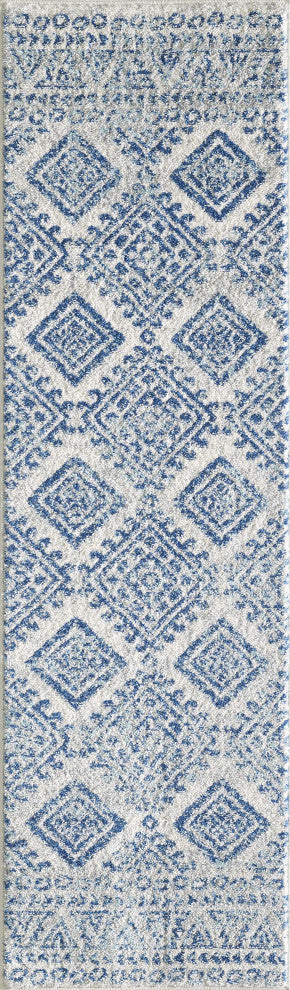 7'X12' Ivory Blue Machine Woven Distressed Geometric Indoor Area Rug