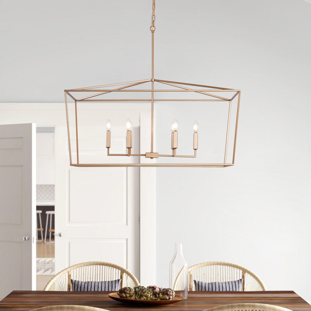 Farmhouse 6-Light Rectangular Kitchen Island Chandelier Over Table, Gold