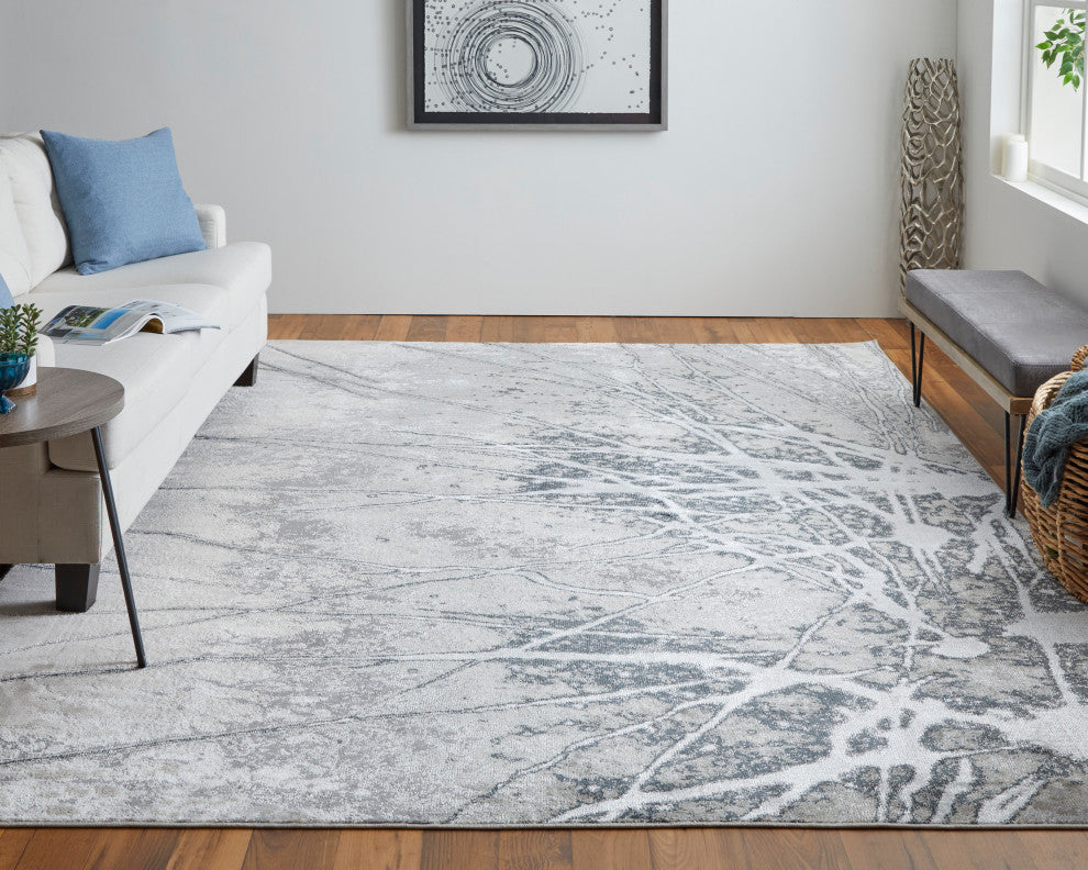 Oria Industrial Abstract Area Rug, Gray/Silver/Ivory,  9'2"x12'
