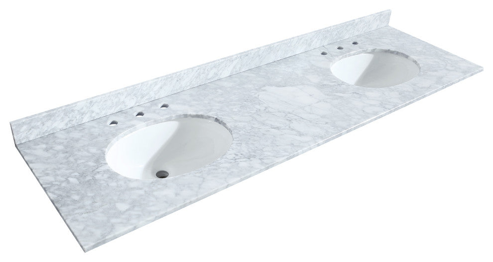 72"DBL Bath Vanity White, Carrara Countertop, Sinks, Gold Trim, 70" Mirror