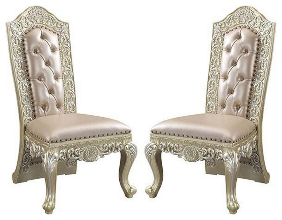 Benzara BM262102 S/2 Leatherette Side Chair, Scrolled Floral Tall Back, Gold