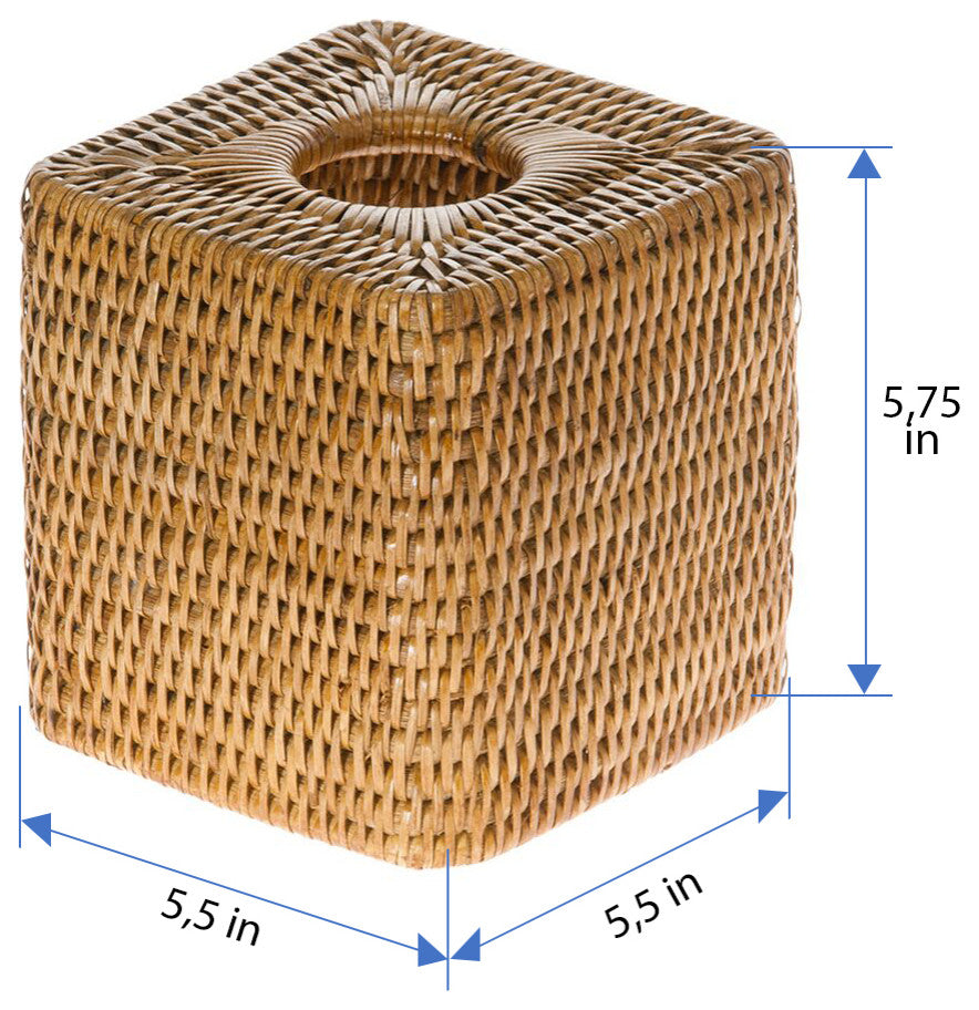 La Jolla Rattan Square Tissue Box Cover, Honey-Brown