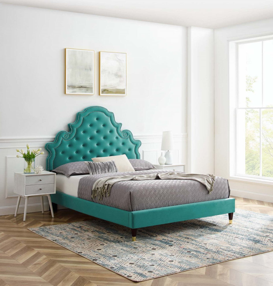 Tufted Platform Bed Frame, Twin Size, Velvet, Teal Blue, Modern Contemporary