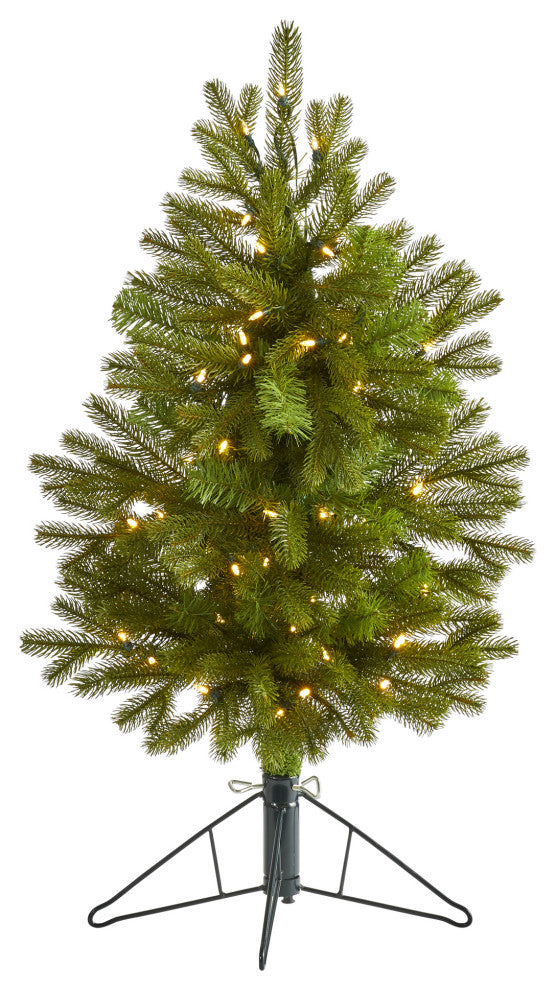 3' Cambridge Spruce Flat Back Faux Xmas Tree W/ White Lights & Bendable Branches