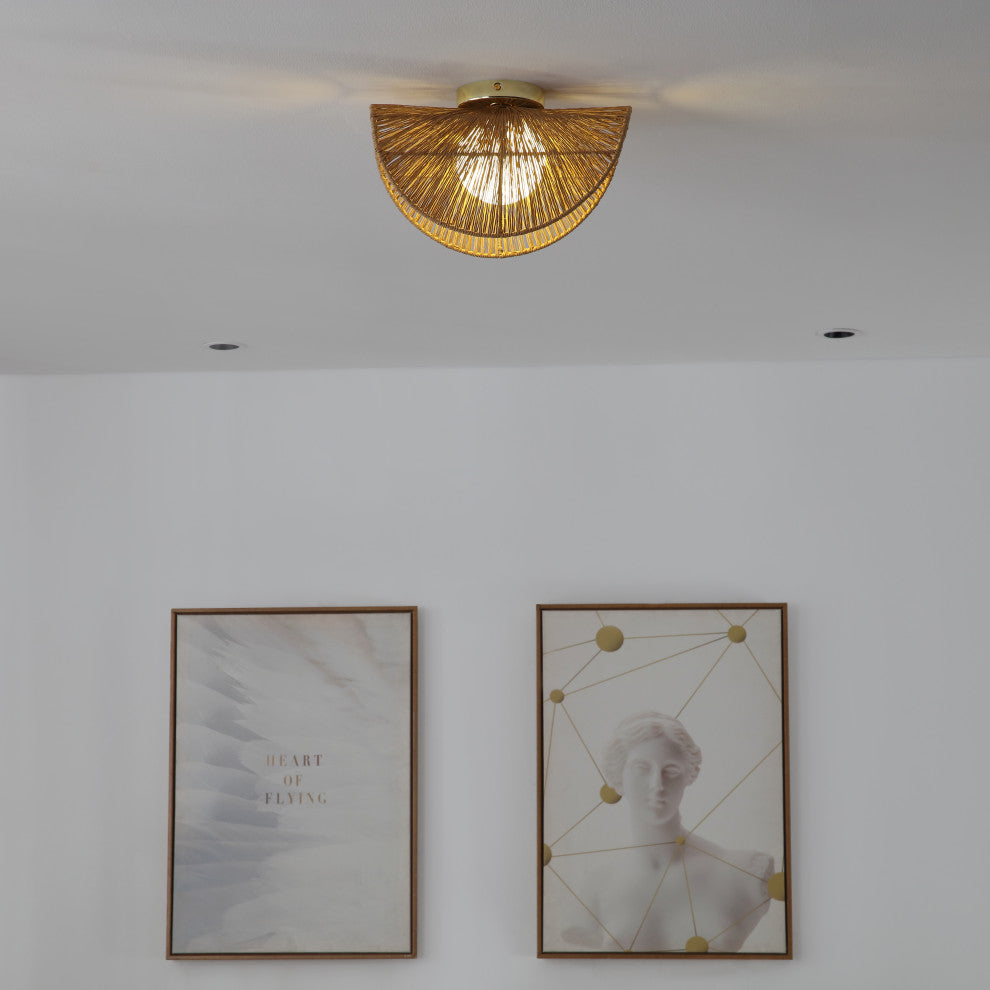Sovev 1-Light Flush Mount or Wall Sconce, Frosted Glass Globe and Rattan Shade