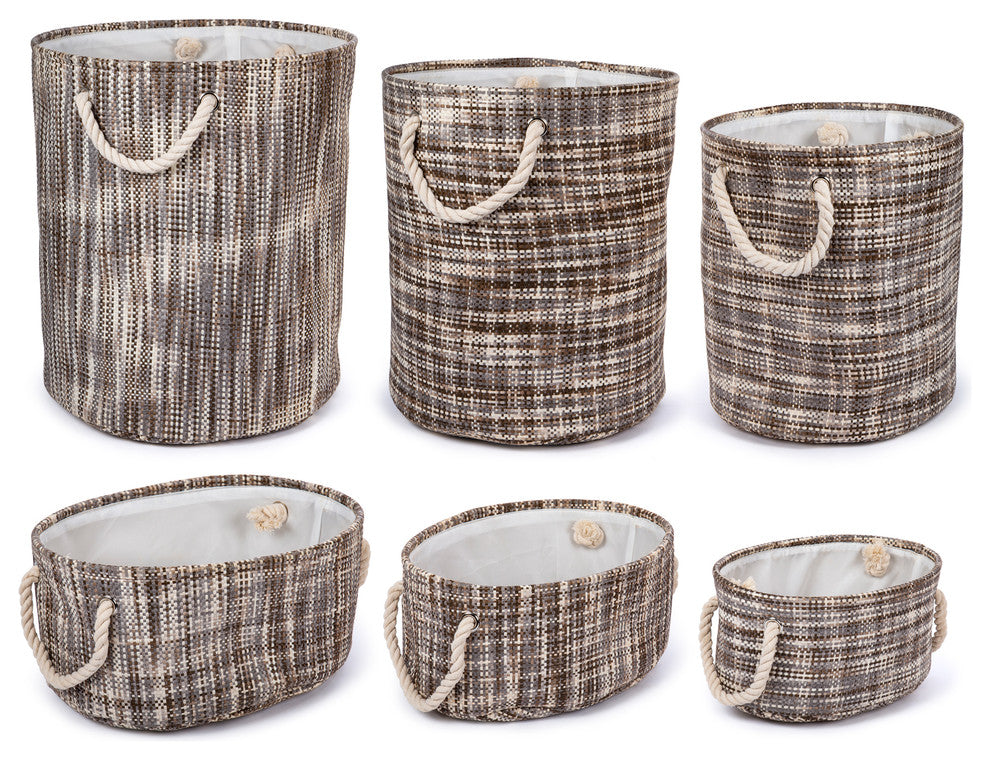 Paper Straw Round Storage Baskets, Set of 6, 15.5 x 18 inches, Brown