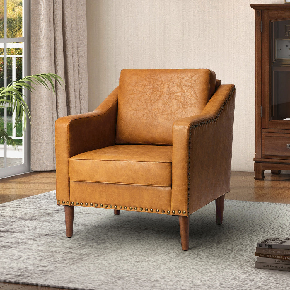Vegan Leather Armchair With Sloped Arms, Camel