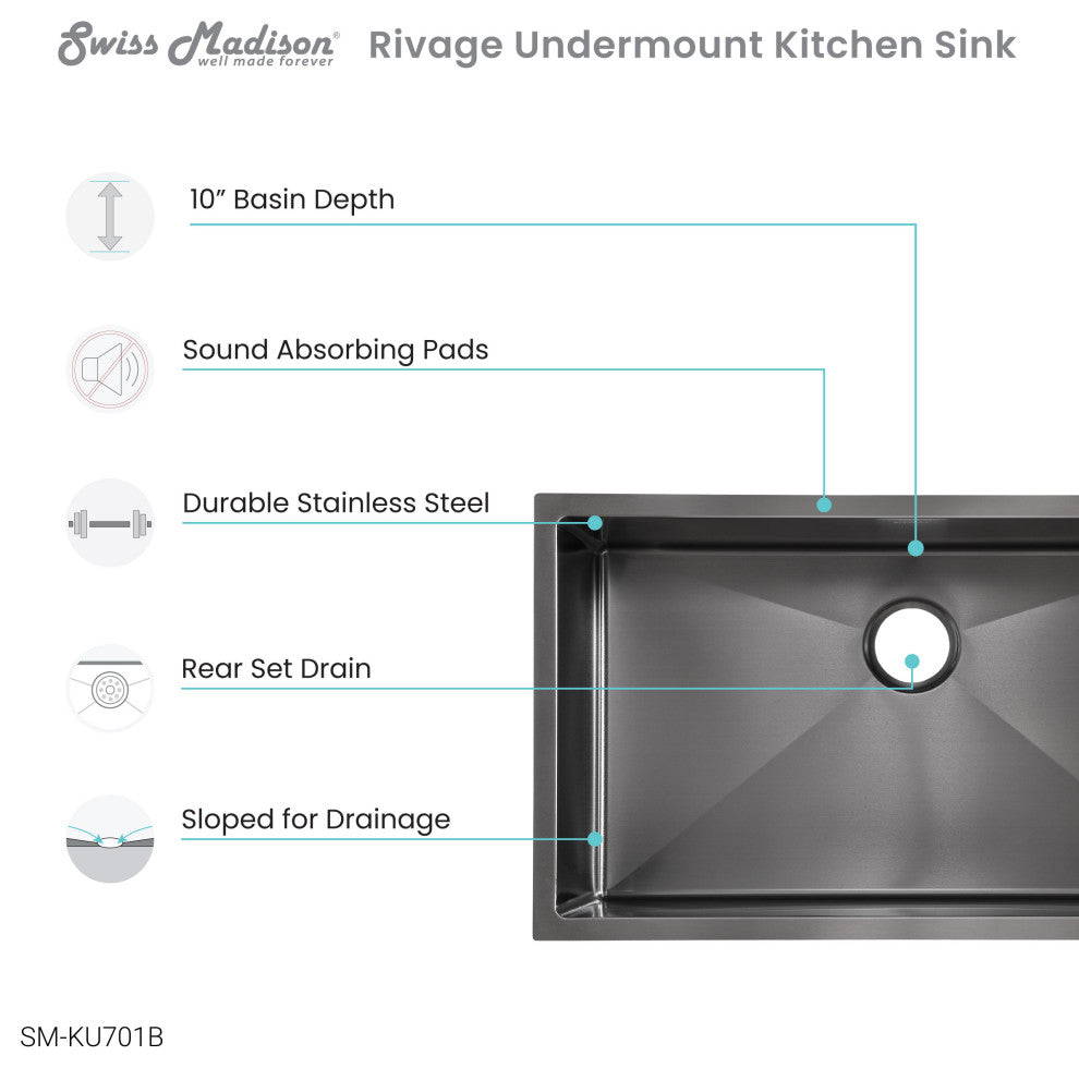 Rivage 32"x19" Stainless Steel, Single Basin, Undermount Kitchen Sink, Black