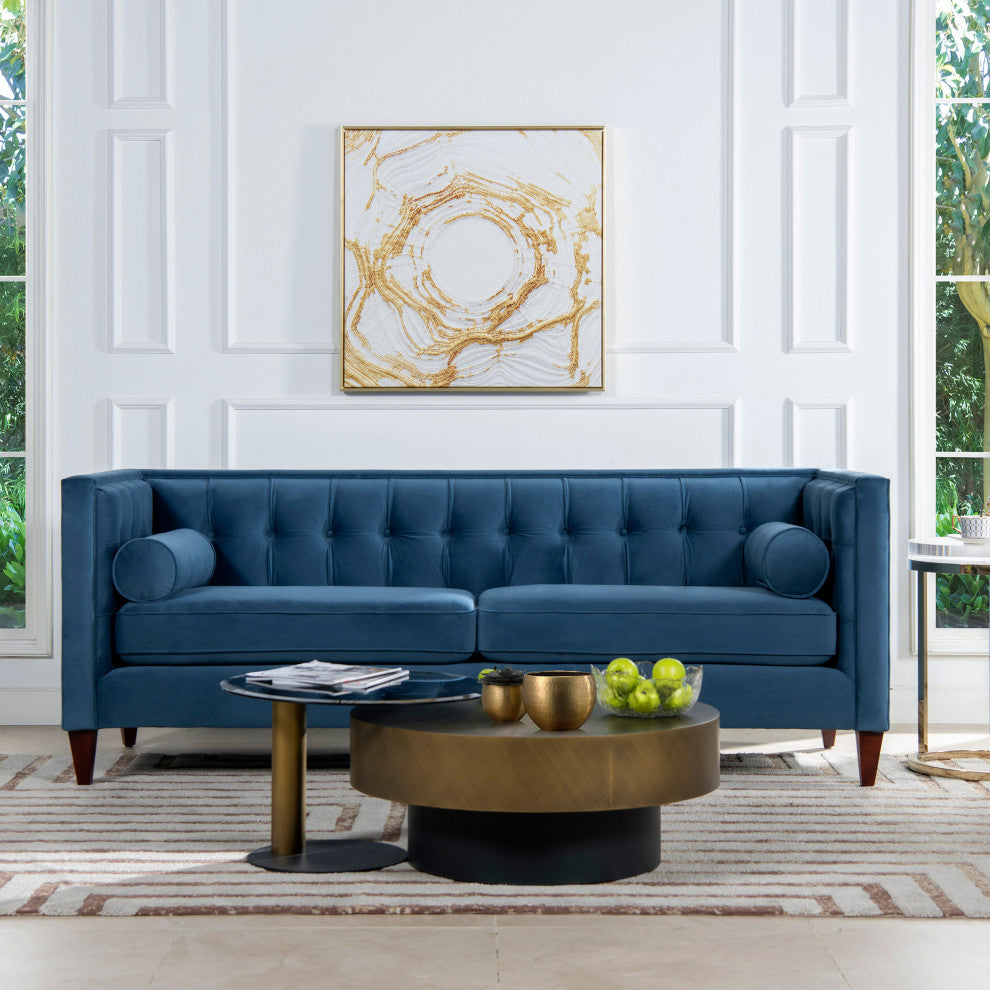 Jack 84" Modern Tuxedo Sofa With Bolster Pillows, Satin Teal Velvet