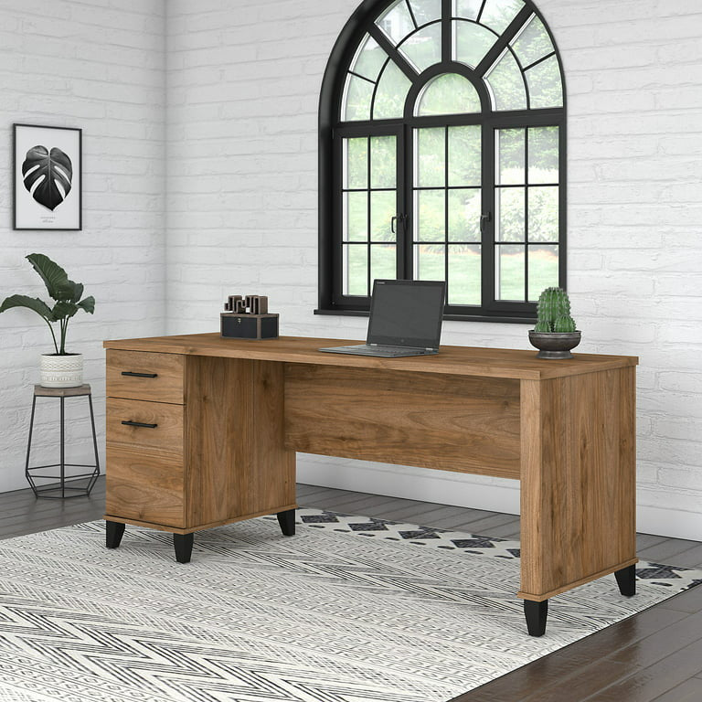 Transitional Desk, Large Design With Wire Management & 2 Drawers, Fresh Walnut